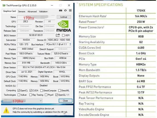 8GB 164mhs NVIDIA Bit X16 256 CMP 170hx PCI Express 3,0 0
